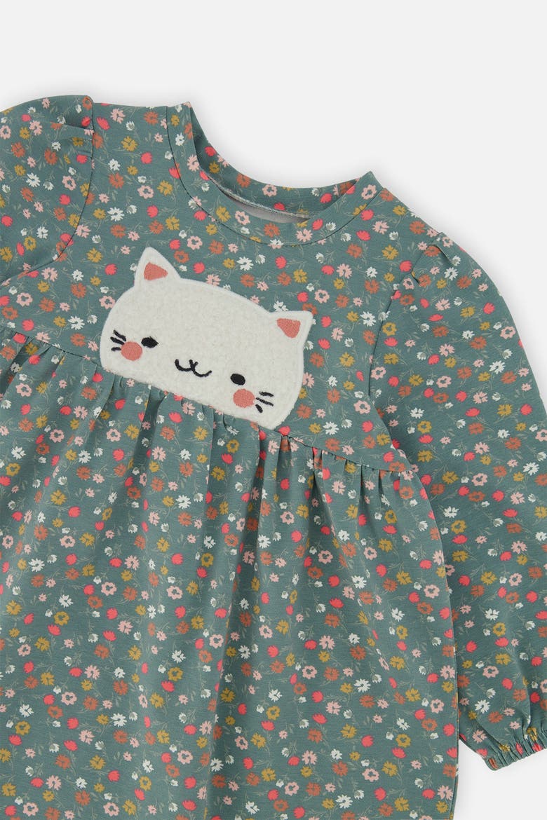 Organic Cotton Fleece Cat Gathered Skirt Dress, Alternate, color, Green Floral Print