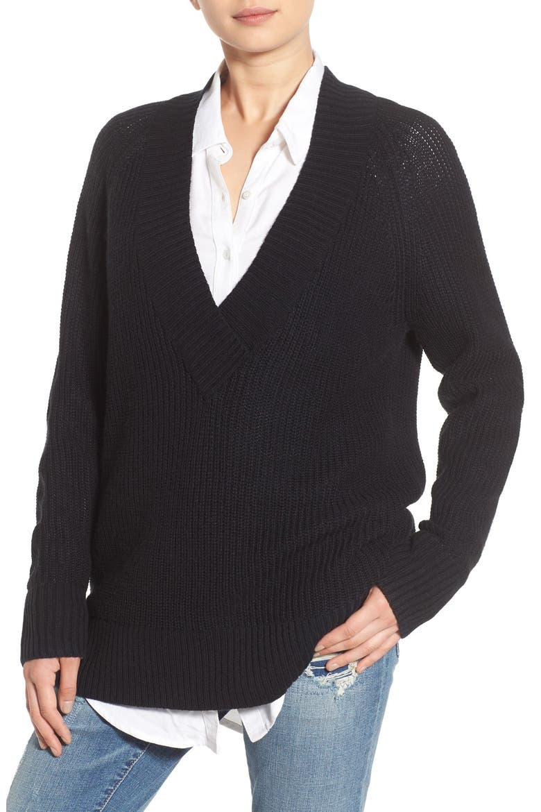 Deep V-Neck Pullover, Main, color, BLACK