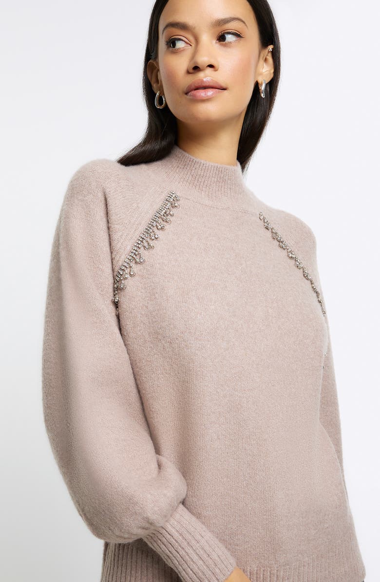 River Island Diamanté Fringe Mock Neck Sweater, Alternate, color, 