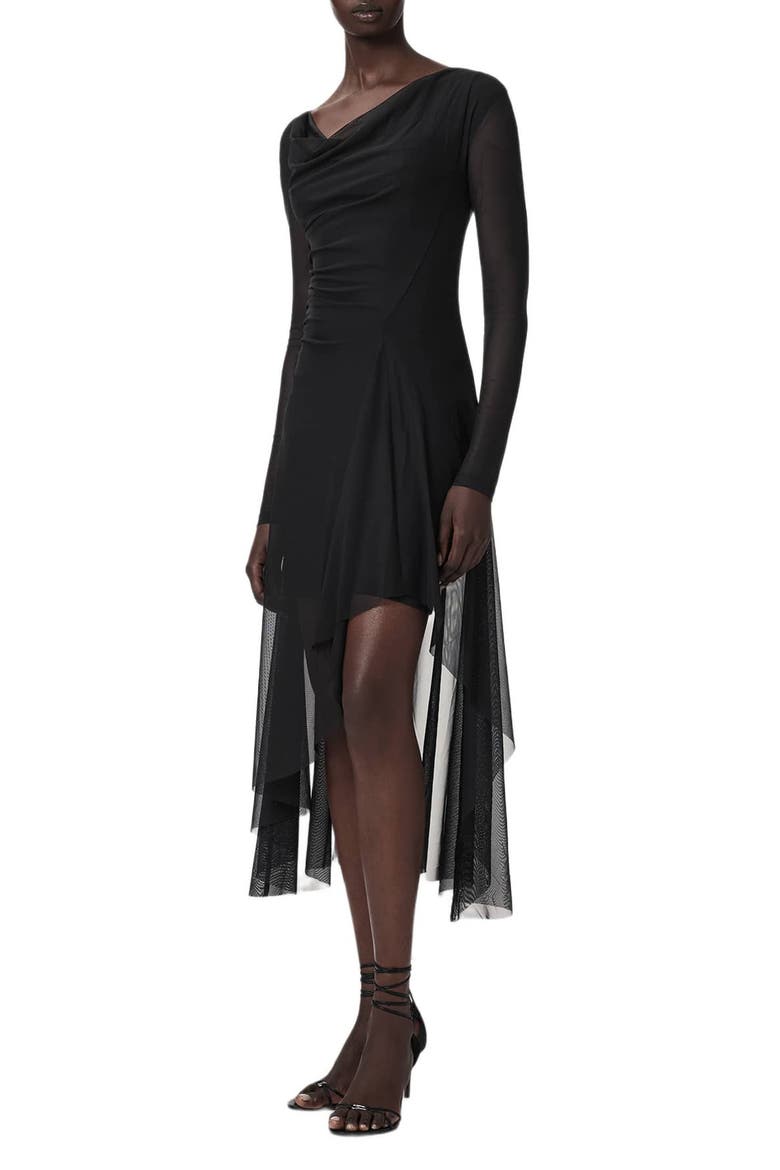 Loria Draped Cowl Neck Handkerchief Hem Dress, Alternate, color, BLACK