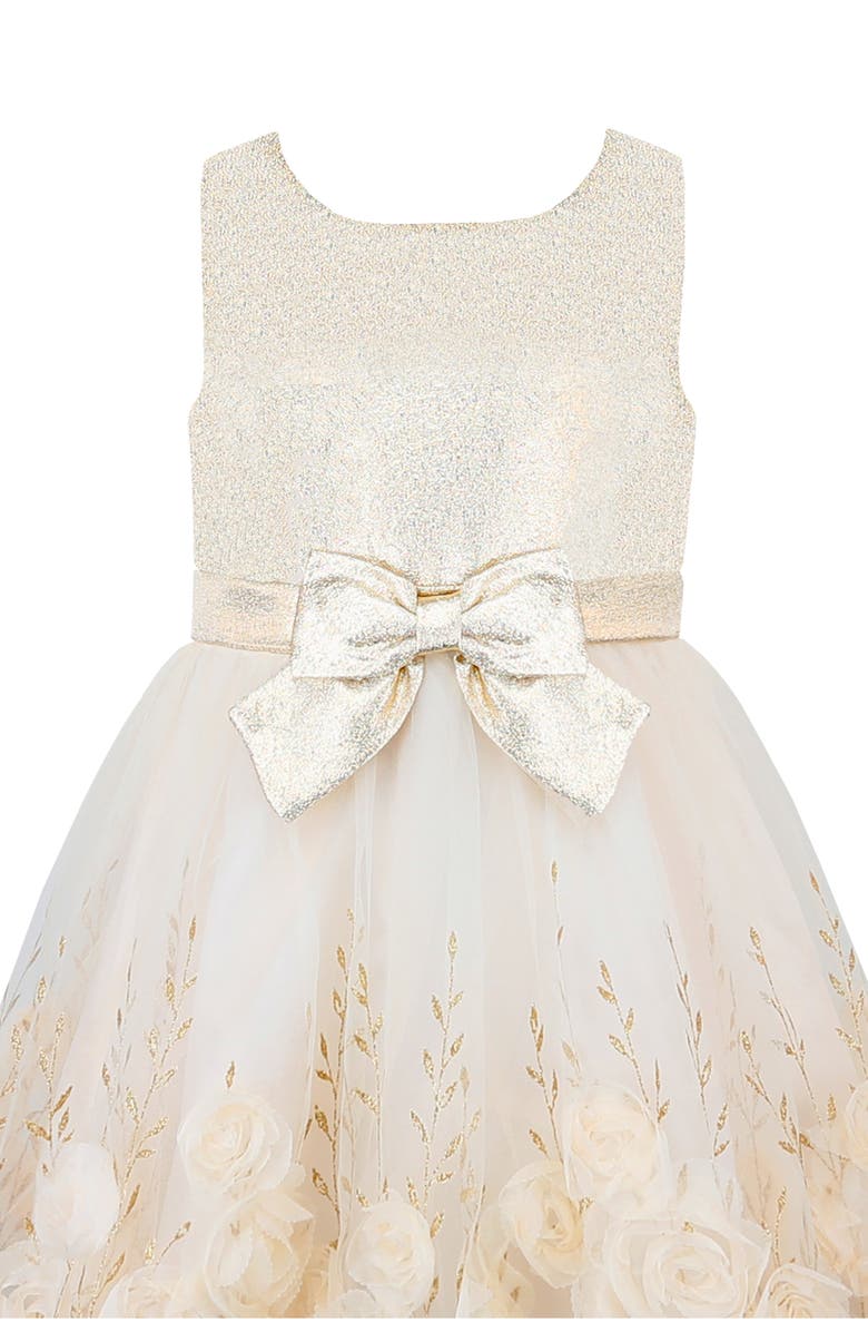 Zunie Kids' Foil Print Sleeveless Soutache Party Dress, Alternate, color, Champagne