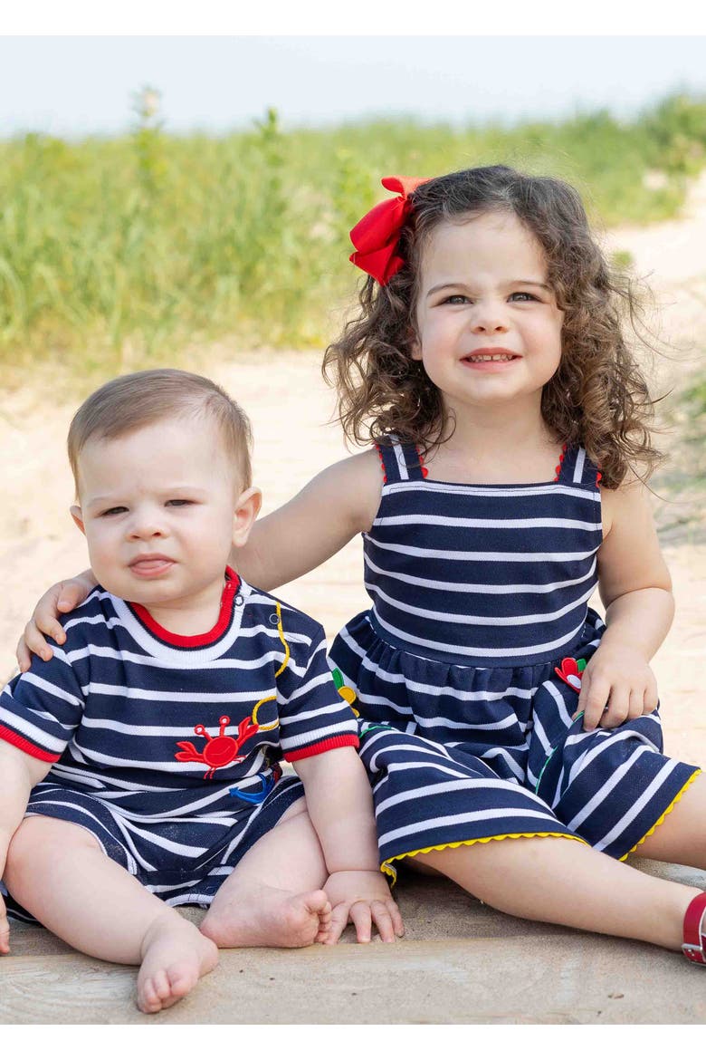 Stripe Knit Dress With Ric Rac And Flowers, Alternate, color, Navy / White