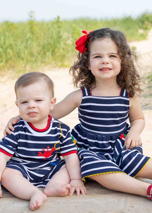Florence Eiseman Stripe Knit Dress With Ric Rac And Flowers In Navy/white