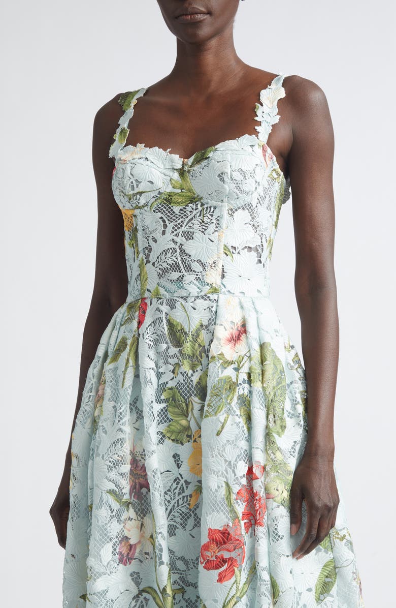 Oscar de la Renta Dominican Floral Print Guipure Lace Bustier Cocktail Dress, Alternate, color, Saltwater Multi