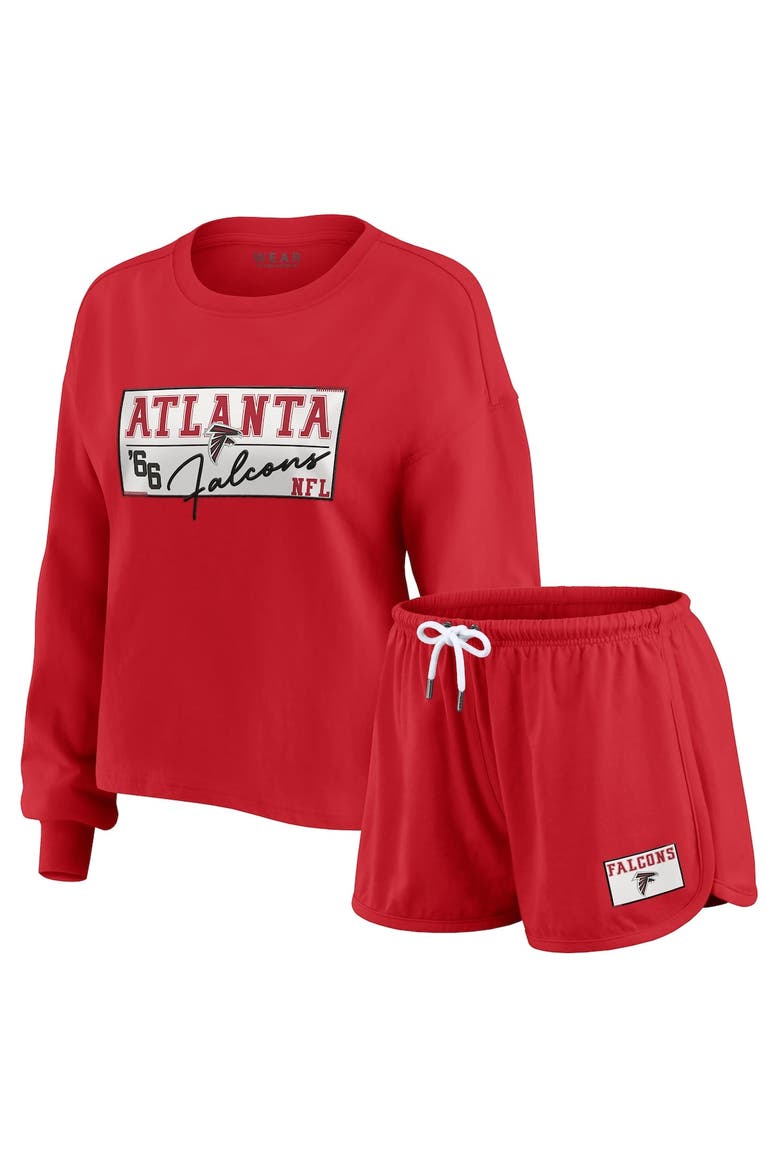 Women's WEAR by Erin Andrews Red Atlanta Falcons Heavy Rugby Jersey Long Sleeve T-Shirt & Shorts Lounge Set, Main, color, Red