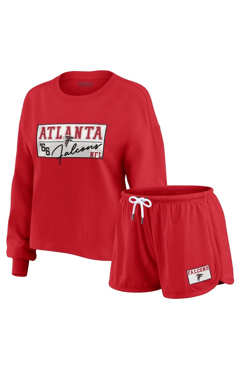 WEAR by Erin Andrews Women's WEAR by Erin Andrews Red Atlanta Falcons Heavy Rugby Jersey Long Sleeve T-Shirt & Shorts Lounge Set, Main, color, Red