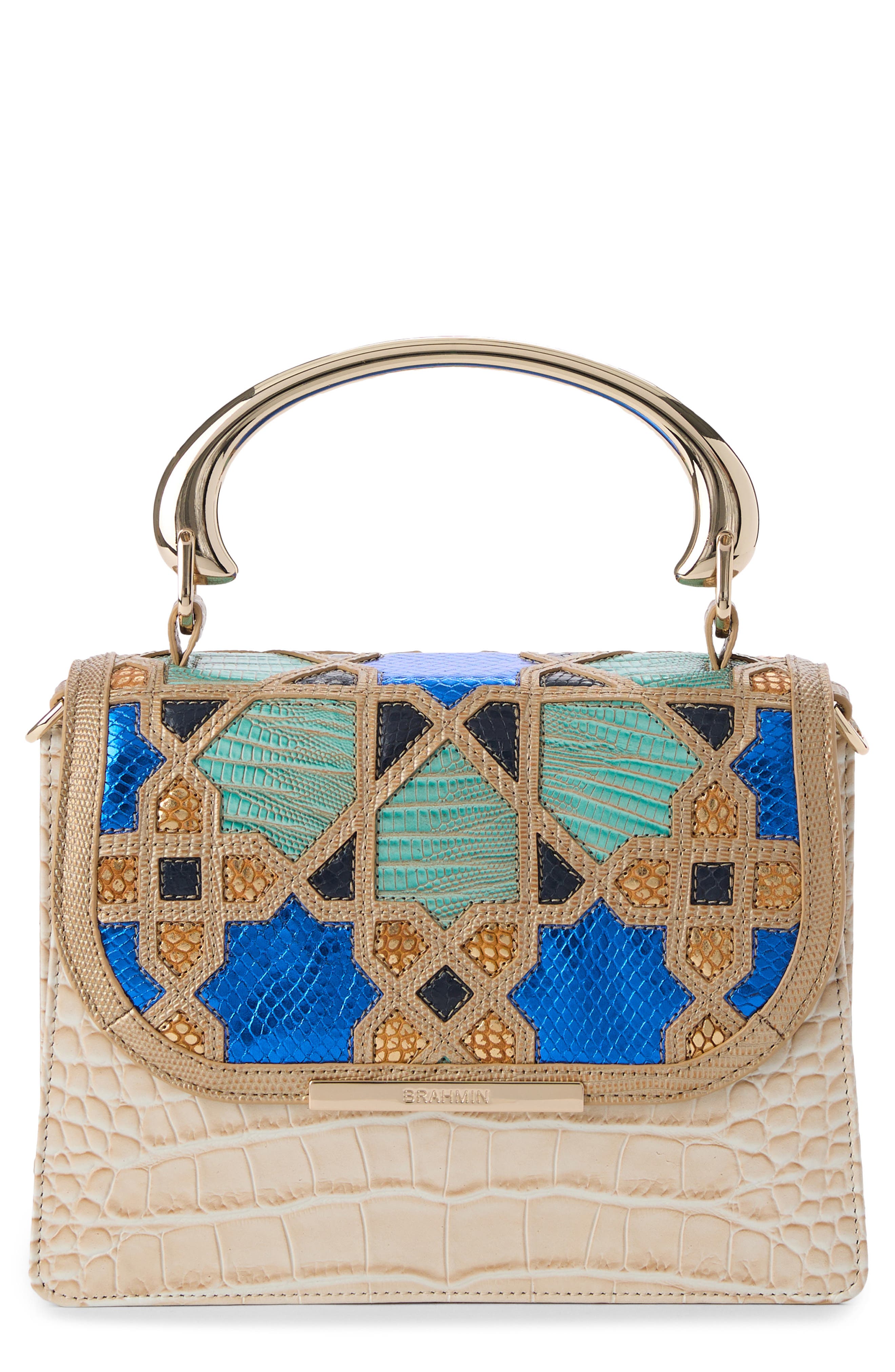 Brahmin Small Hallie Embossed Leather Top Handle Bag, Main, color, Ivory Multi