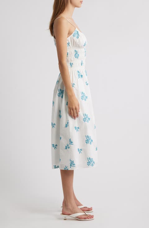 Floral Embroidery Smock Waist Cotton Dress