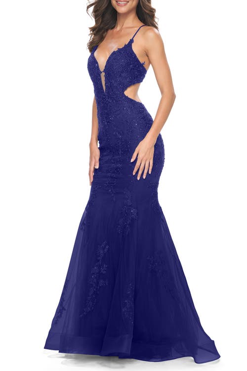 La Femme Lace And Tulle Mermaid Gown With Side Cut Outs In Marine Blue