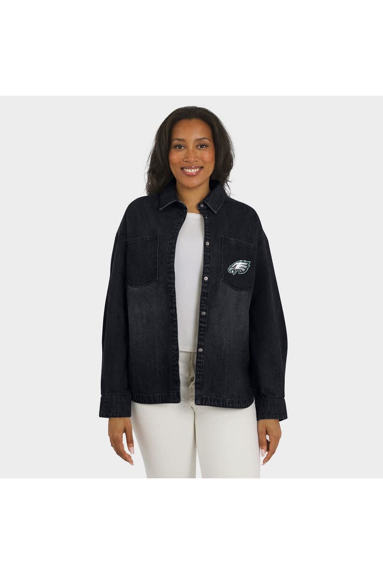 Women's WEAR by Erin Andrews Black Philadelphia Eagles Washed Oversized Denim Full-Snap Shacket, Alternate, color, Black