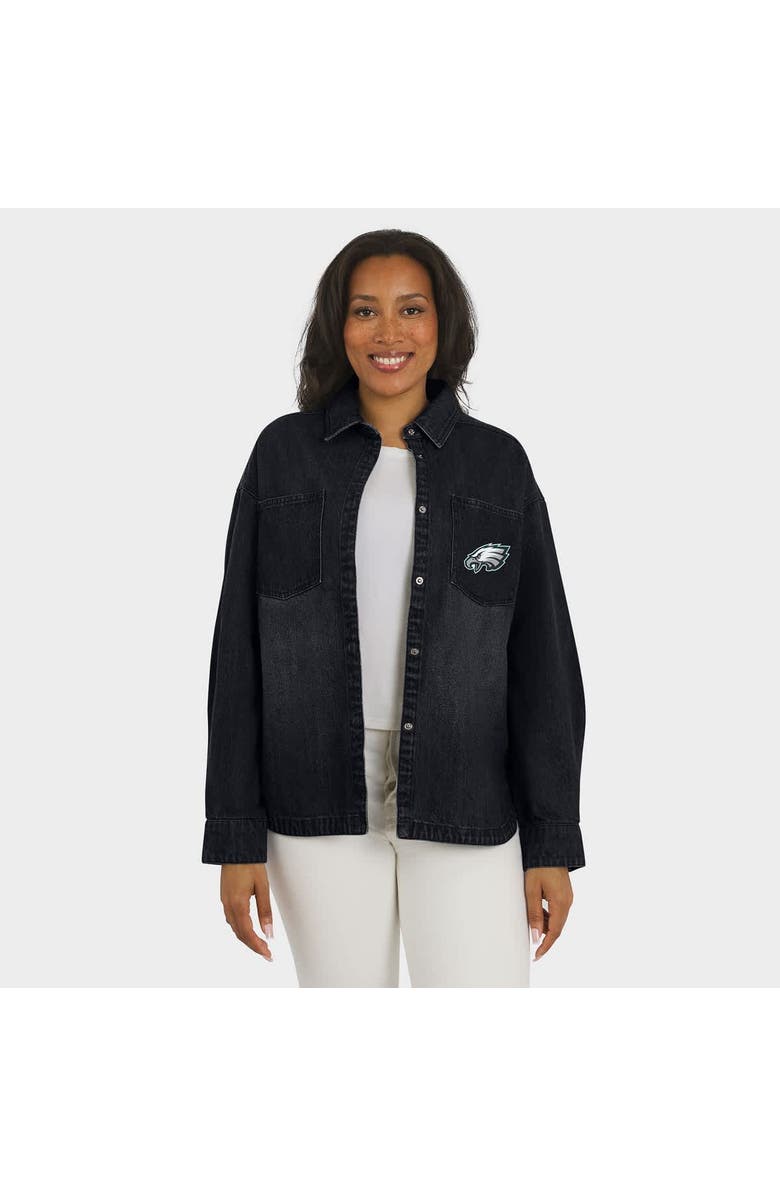 WEAR by Erin Andrews Women's WEAR by Erin Andrews Black Philadelphia Eagles Washed Oversized Denim Full-Snap Shacket, Alternate, color, Black