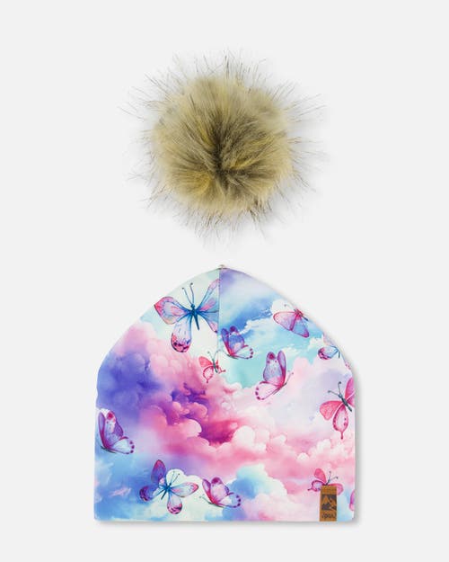 Deux Par Deux Baby Girl's Printed Jersey Detachable Pompom Hat Butterflies On Multicolored Backgroun In Butterflies On Multicolored