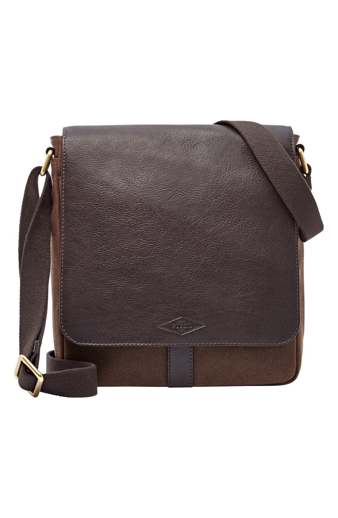 'Trevor' Twill & Leather City Bag, Main, color, DARK BROWN