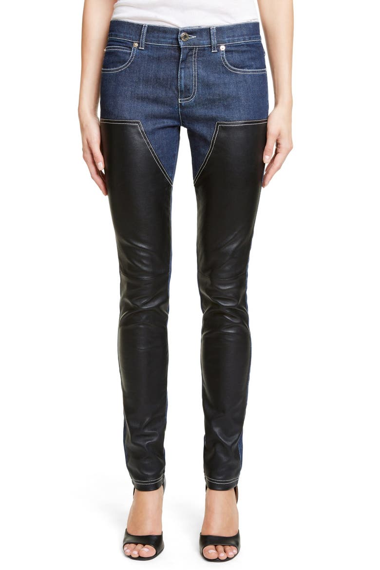 Bonded Leather Trim Jeans, Main, color, DARK BLUE