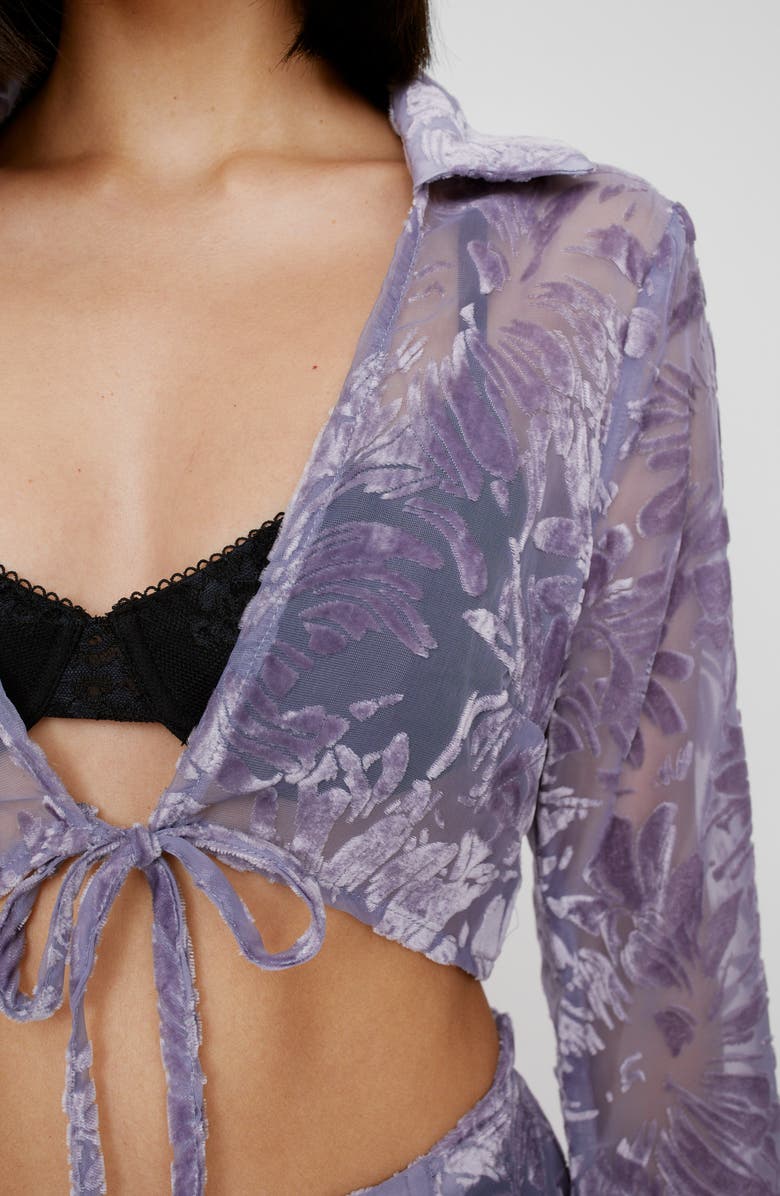 NASTY GAL Devoré Tie Front Velvet Jacquard Crop Top, Alternate, color, Lilac
