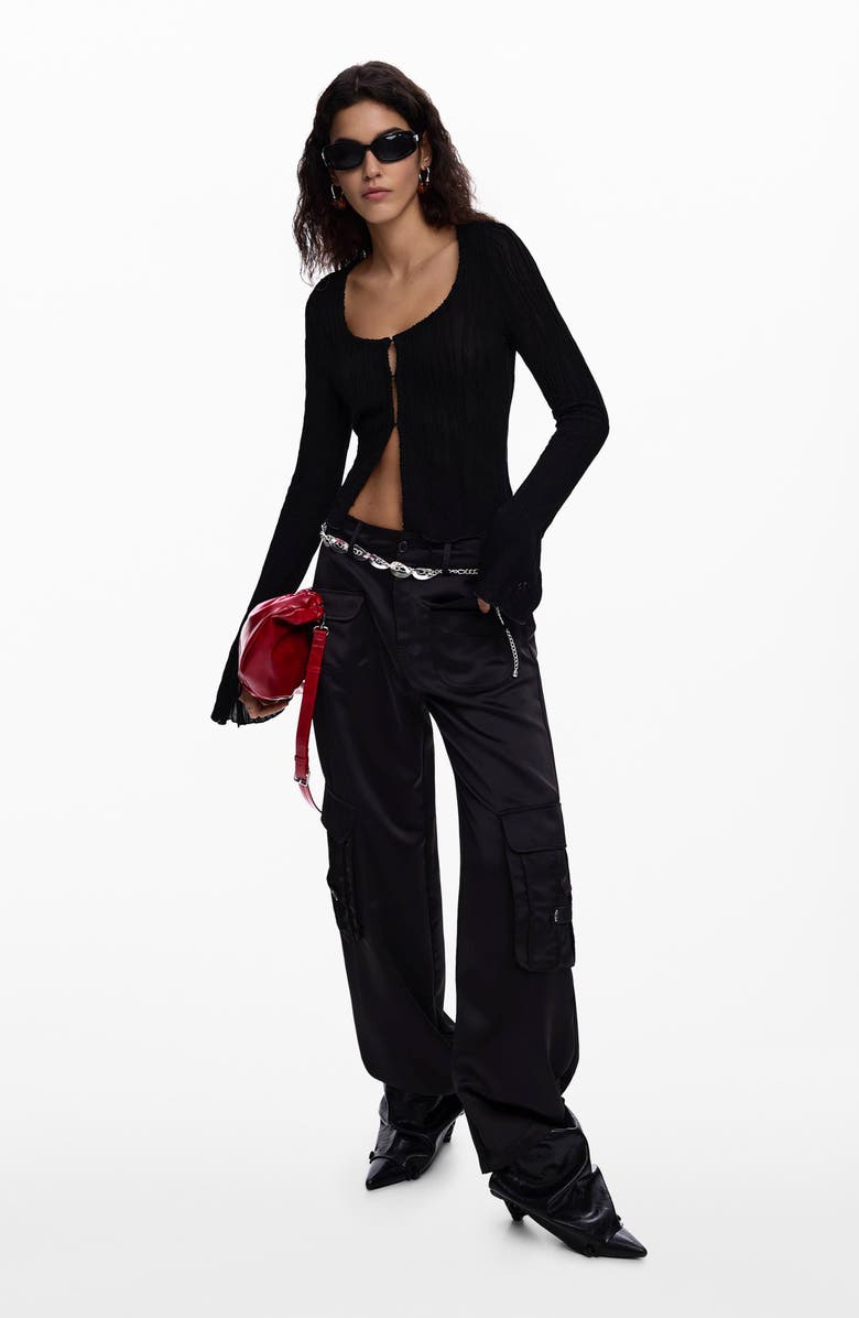 Desigual Tie Sleeve Rib Top, Alternate, color, Black