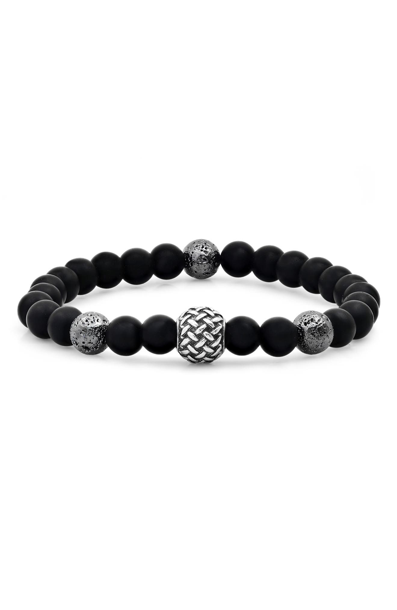 STEELTIME Black Lava & Stainless Steel Beaded Stretch Bracelet