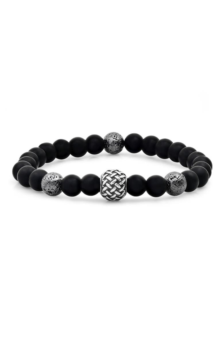 Black Lava & Stainless Steel Beaded Stretch Bracelet, Main, color, BLACK-METALLIC