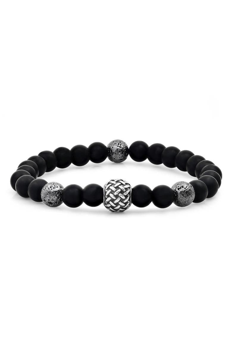 STEELTIME Black Lava & Stainless Steel Beaded Stretch Bracelet, Main, color, Black-Metallic