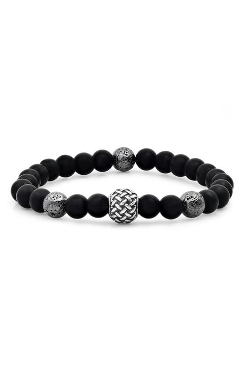Black Lava & Stainless Steel Beaded Stretch Bracelet