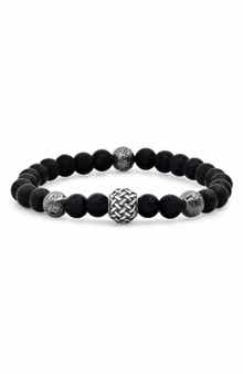 Black Lava & Stainless Steel Beaded Stretch Bracelet