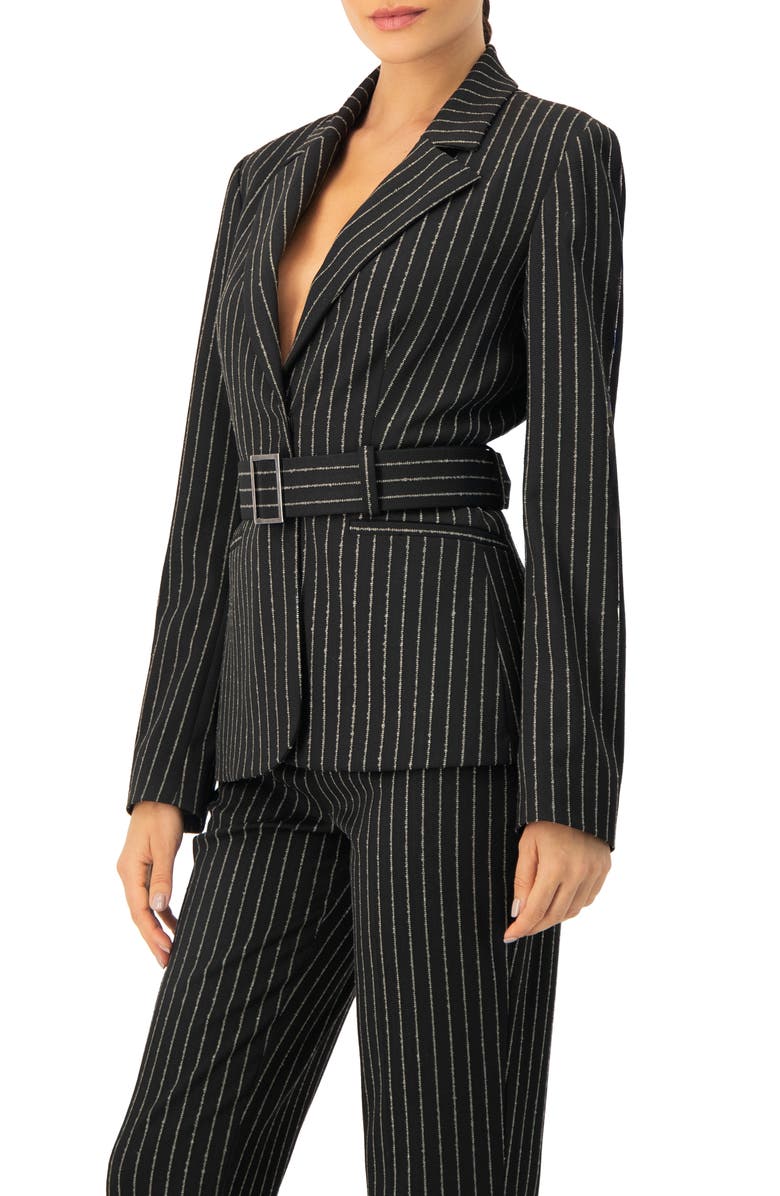 IVONNE Striped Blazer With Belt, Alternate, color, Black