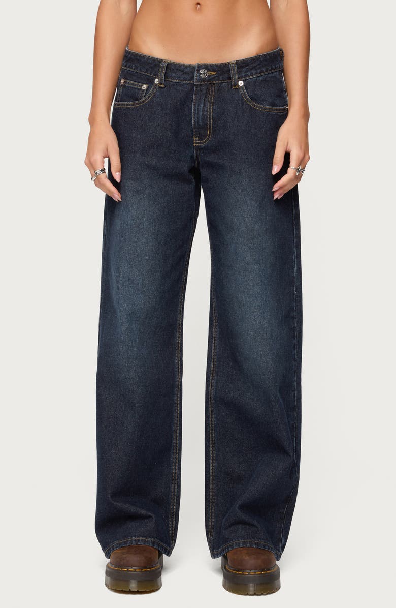 EDIKTED Raelynn Washed Low Rise Wide Leg Jeans, Main, color, Dark-Blue-Washed