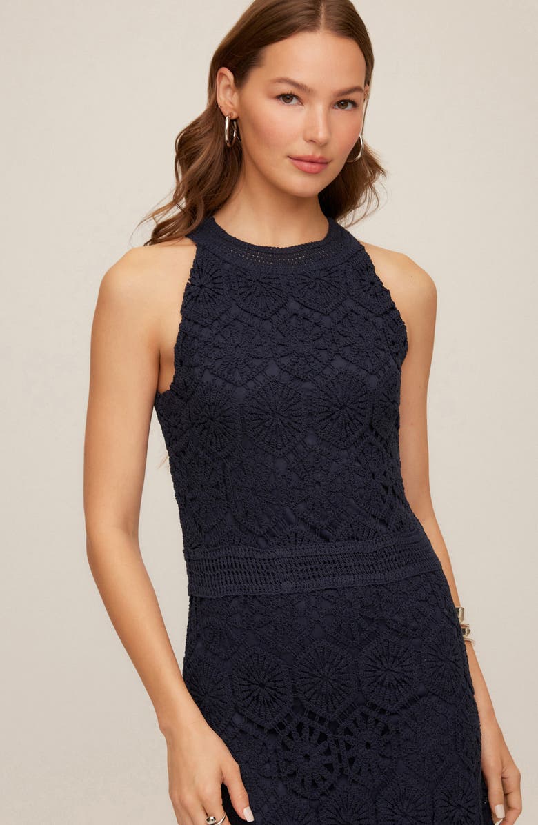 FIFTEEN TWENTY Londyn Crochet Midi Dress, Alternate, color, Navy