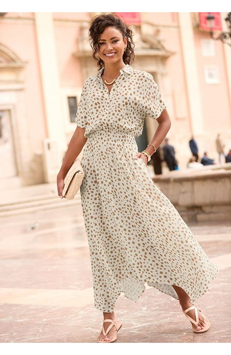 LASCANA Women's Printed Shirt Collar Dress, Alternate, color, Ivory & Taupe