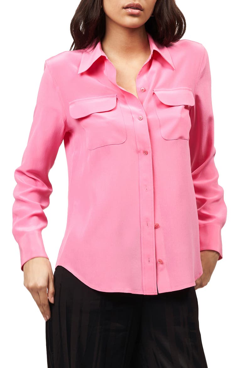 Signature Slim Fit Silk Button-Up Shirt, Main, color, AZALEA PNK