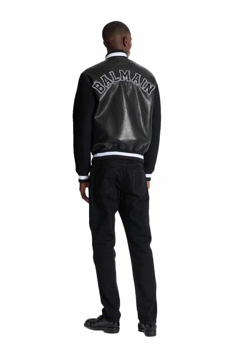 Balmain Varsity Lambskin Leather And Wool Jacket, Alternate, color, Black