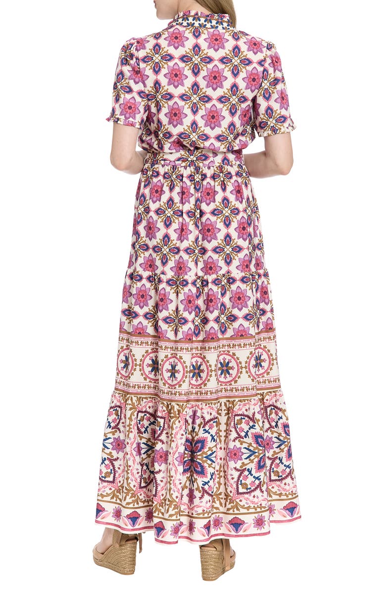 London Times Floral Short Sleeve Tie Waist Tiered Maxi Dress, Alternate, color, Cream/ Rose Wine