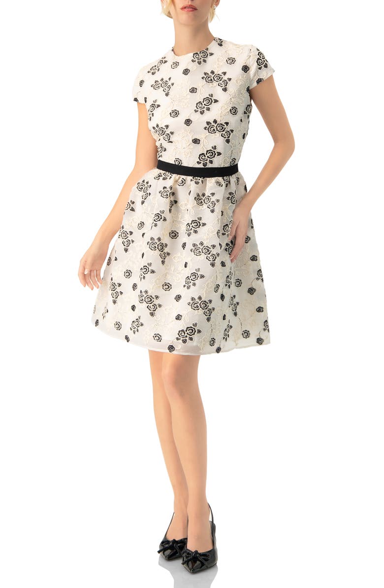 IVONNE Floral Embroidered Short A-Line Dress, Alternate, color, Natural