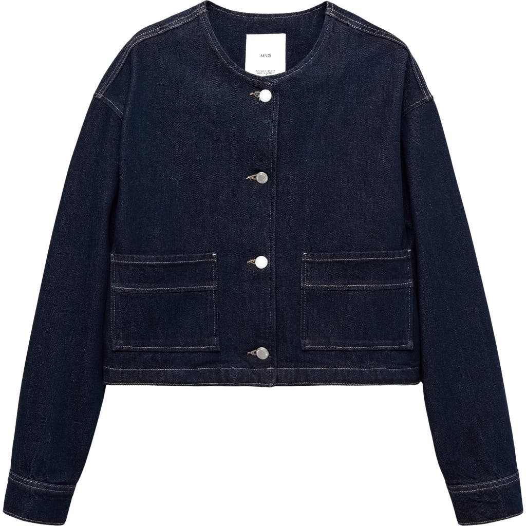 Mango Collarless Denim Jacket In Blue
