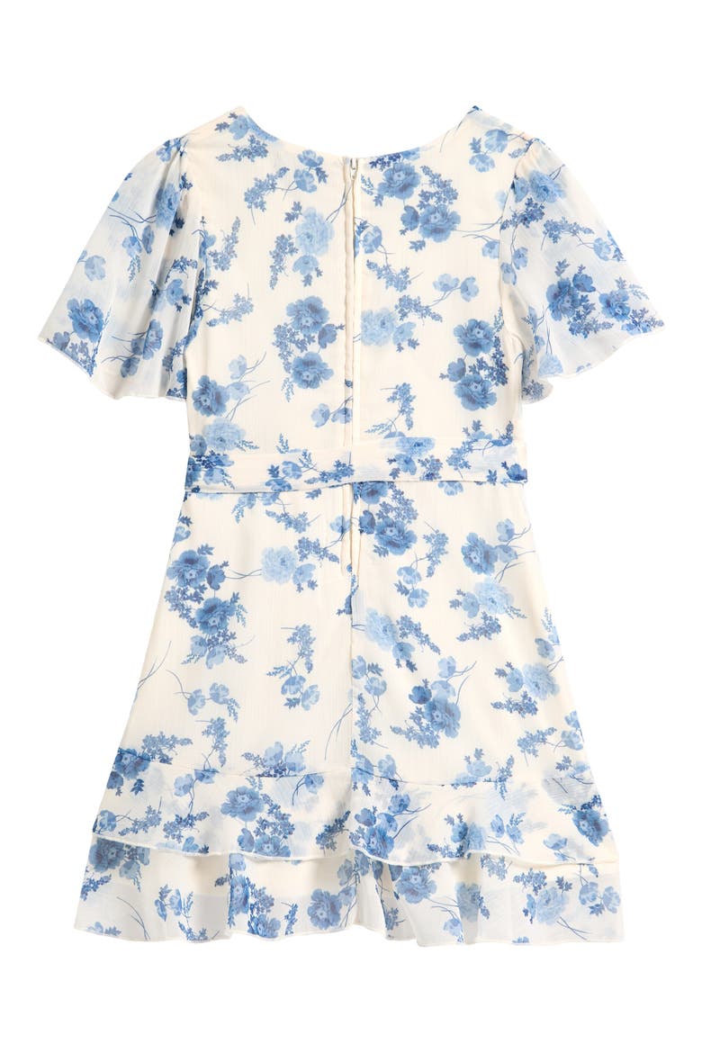 Kids' Flutter Sleeve Faux Wrap Party Dress, Alternate, color, IVORY/ BLUE