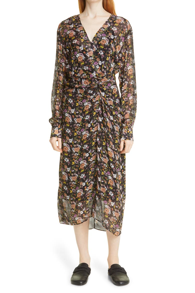 Amber Floral Print Long Sleeve Midi Dress, Main, color, BLACK FLORAL