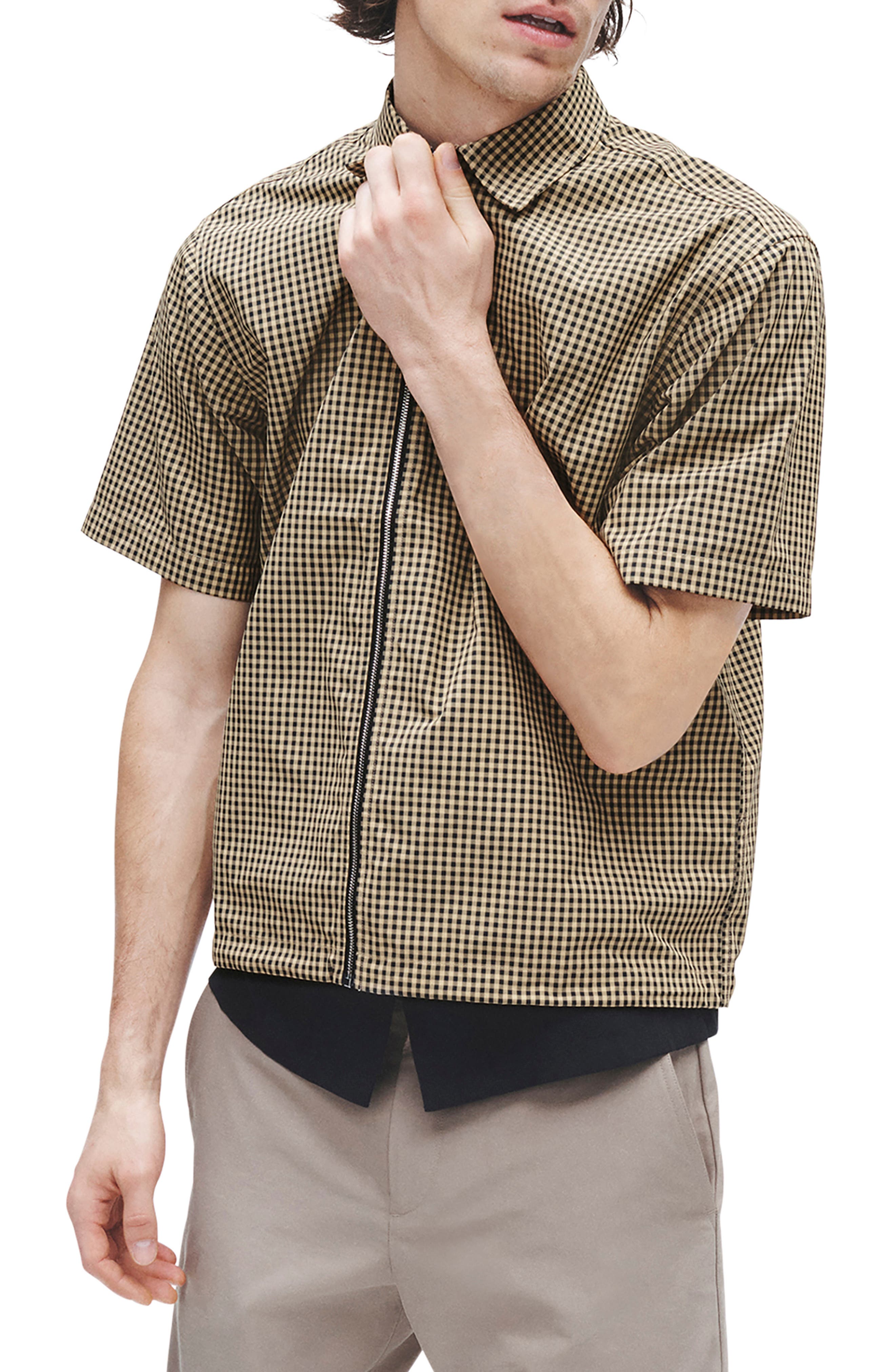 rag & bone Noah Gingham Short Sleeve Nylon Zip-Up Shirt