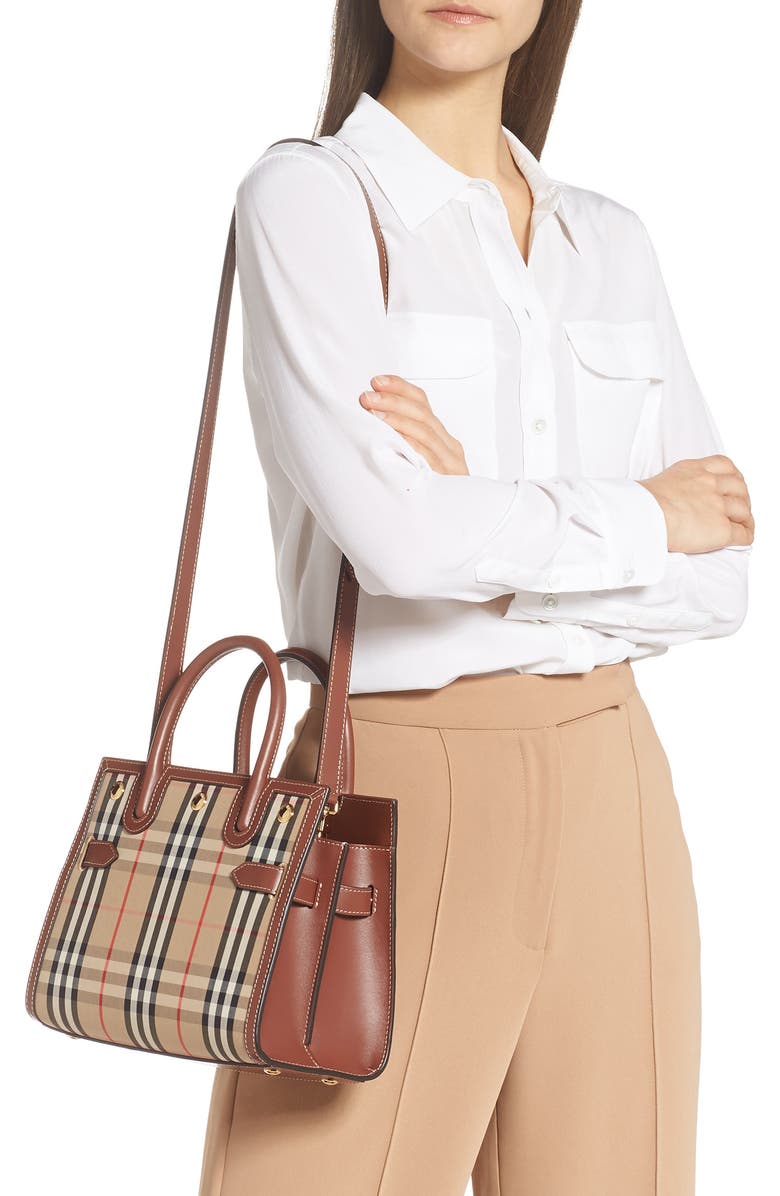 Burberry Mini Title Vintage Check Double Handle Leather & Canvas Bag, Alternate, color,