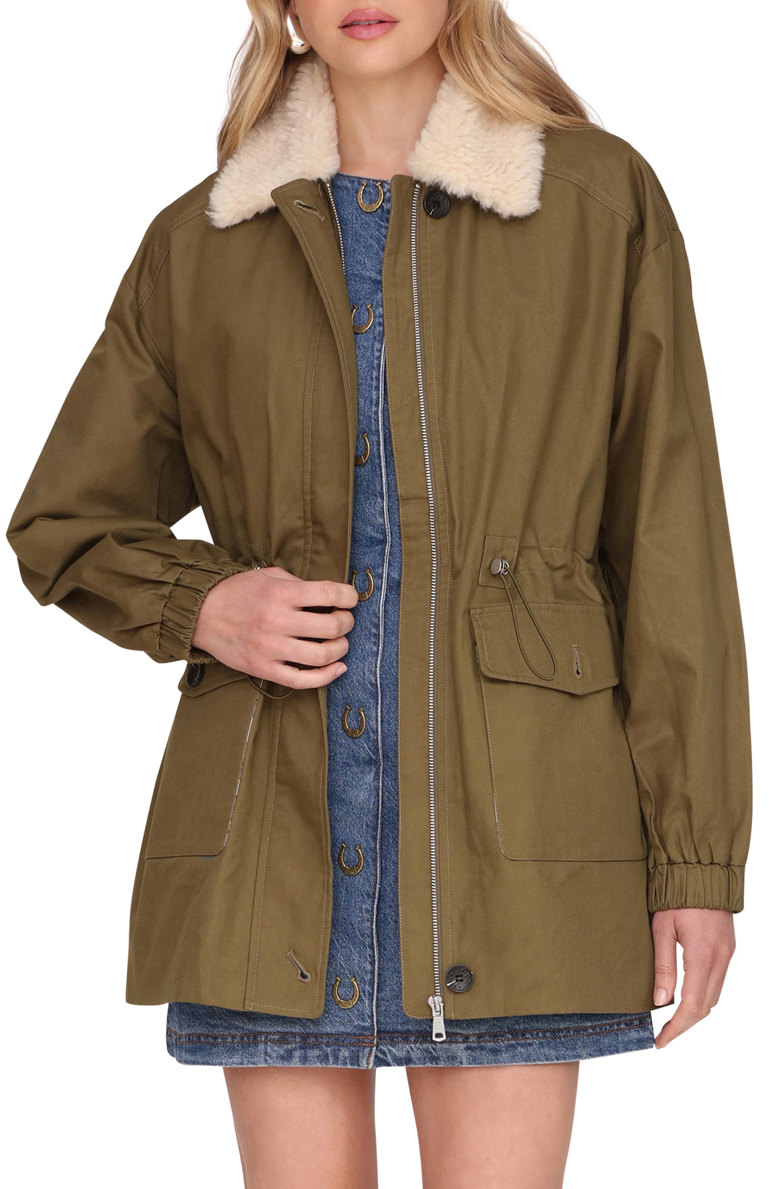 Avec Les Filles Cinched Cotton Jacket with Faux Shearling Collar