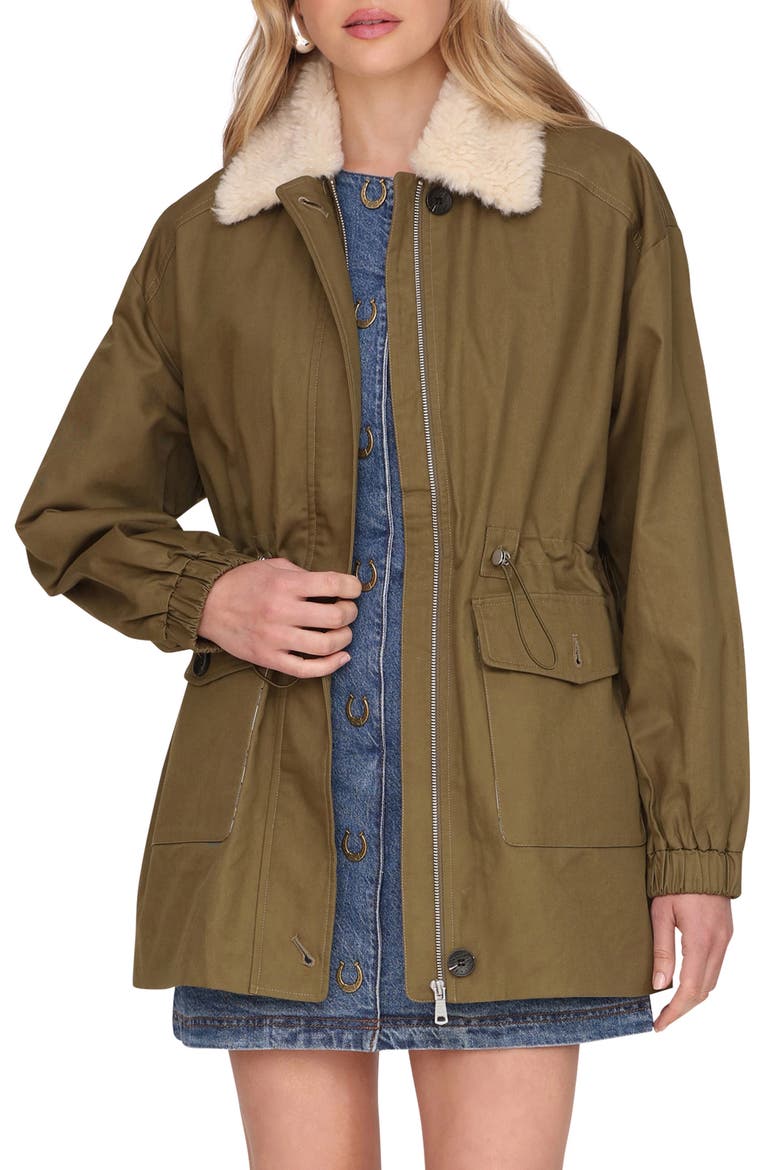 Cinched Cotton Jacket with Faux Shearling Collar, Main, color, ARMY GREEN