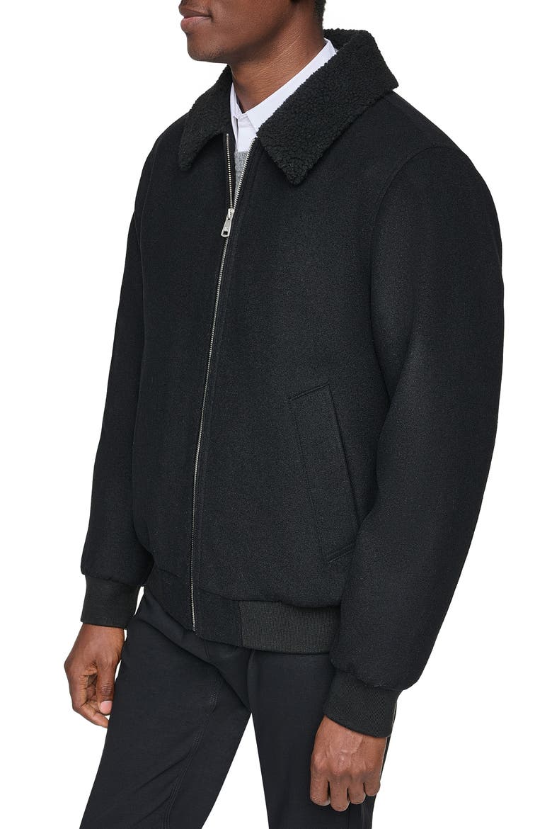 Wool Blend Bomber Jacket with Faux Shearling Collar, Alternate, color, BLACK