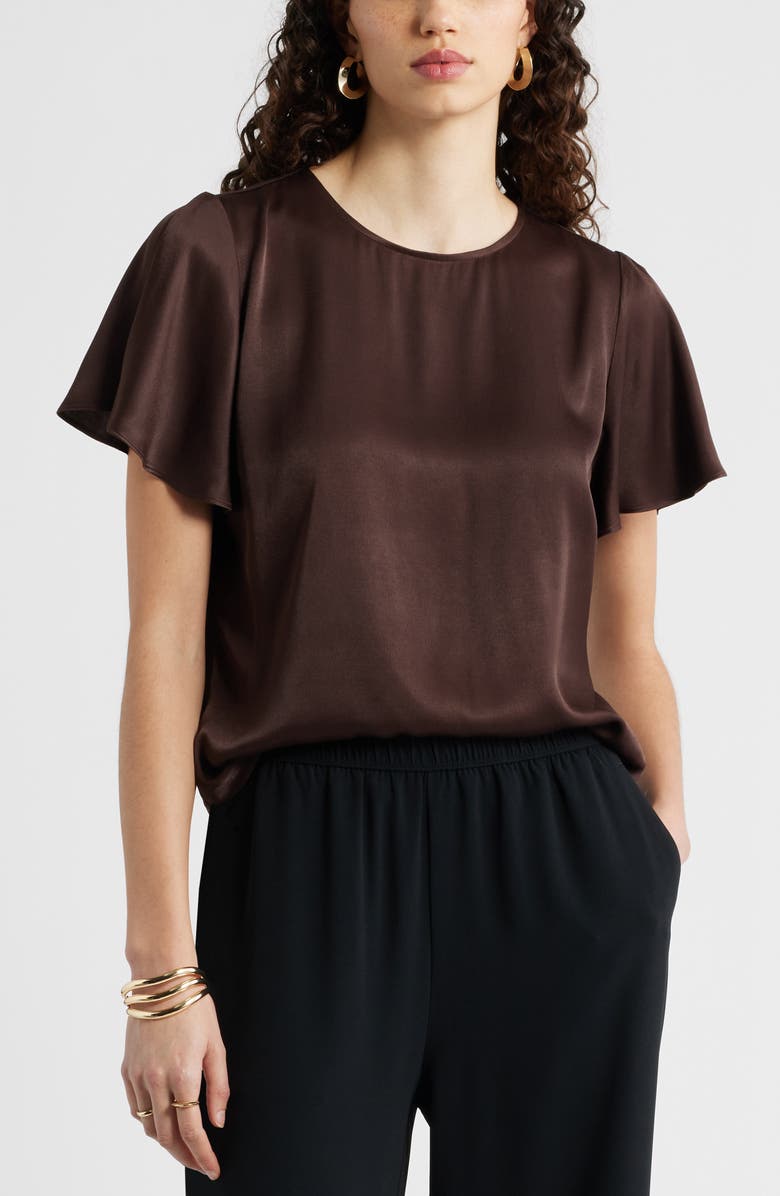 Nordstrom Flutter Sleeve Satin Top, Main, color, Brown Coffee