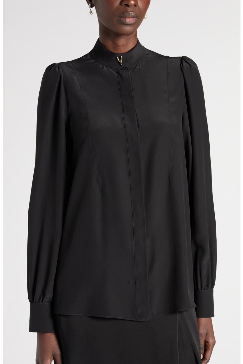 Band Collar Silk Button-Up Shirt, Alternate, color, BLACK
