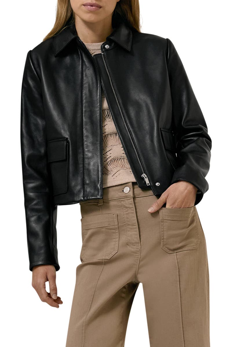 Reiss Drew Leather Jacket, Main, color, Black