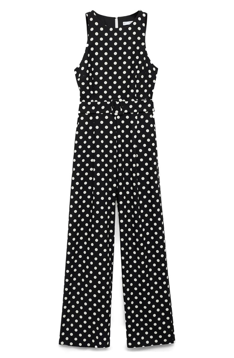 MANGO Sleeveless Polka Dot Linen Blend Jumpsuit, Main, color, Black