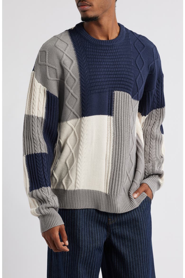 Patchwork Mixed Stitch Sweater, Main, color, NAVY