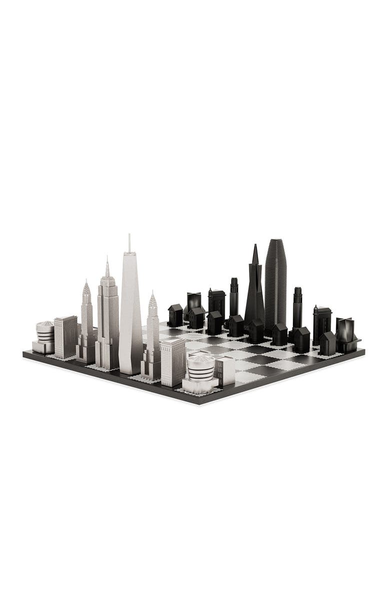 SKYLINE CHESS Chess Set Stainless Steel NEW YORK vs SAN FRANCISCO with B/W Hatch Board, Main, color, Black
