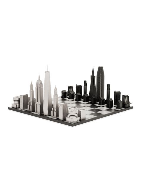 Chess Set Stainless Steel NEW YORK vs SAN FRANCISCO with B/W Hatch Board