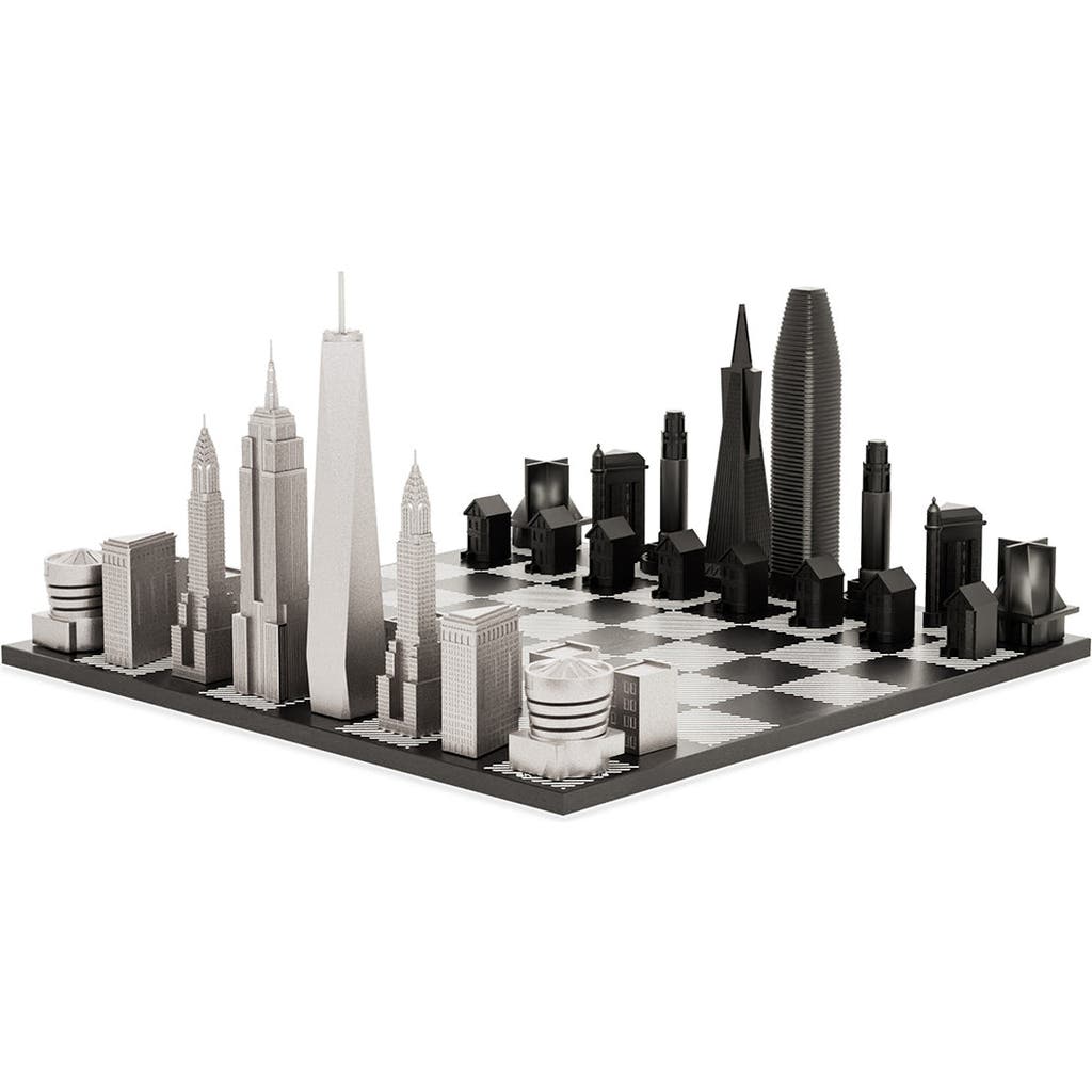 SKYLINE CHESS Chess Set Stainless Steel NEW YORK vs SAN FRANCISCO with B/W Hatch Board in Black  product