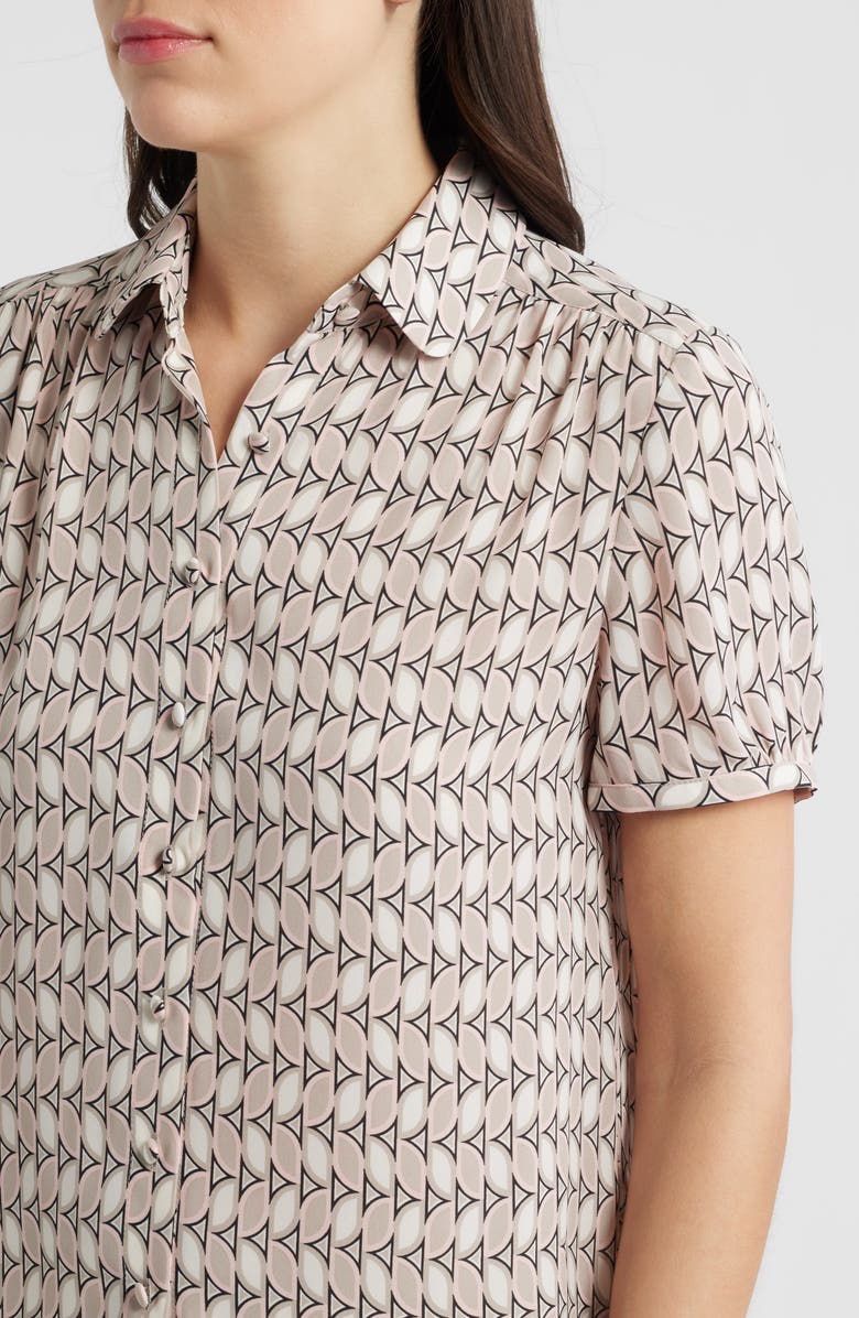 Anne Klein Shirred Short Sleeve Button-Up Shirt, Alternate, color, White Dove Multi